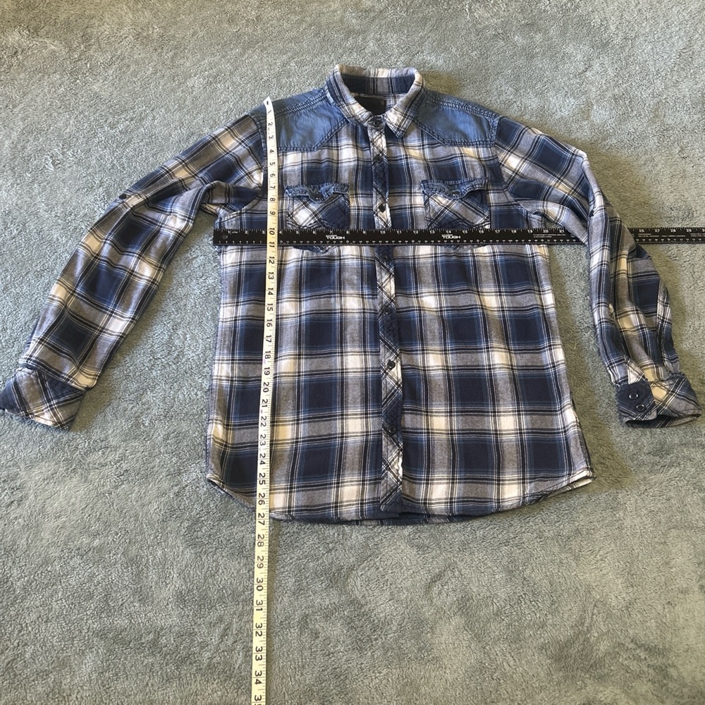 Rerun Men's Blue Plaid Flannel Button Up with Denim Yoke Accents - Picture 8 of 8